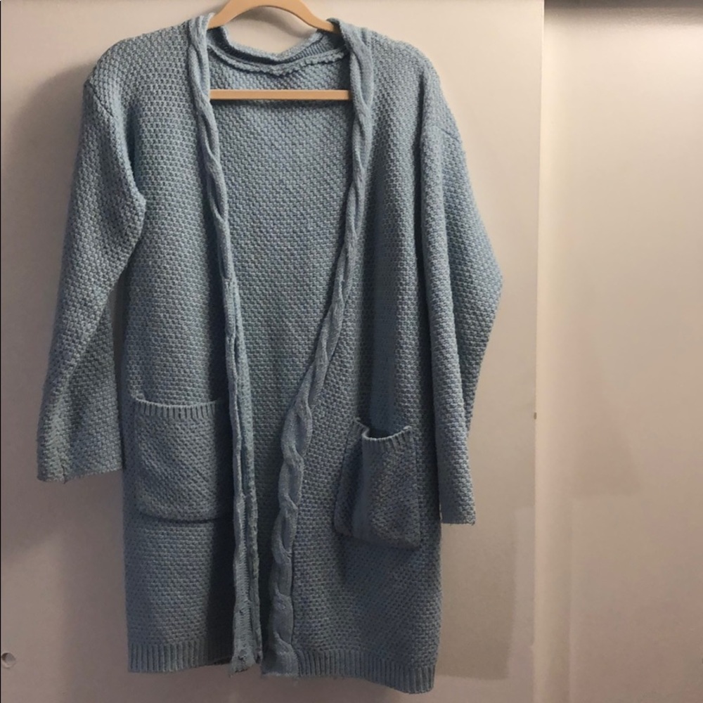 Baby blue long knit cardigan.